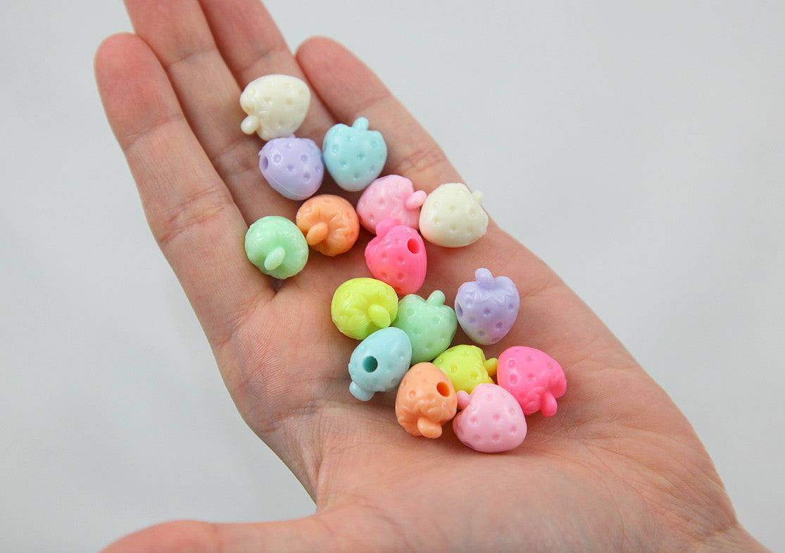 17mm Pastel Strawberry Acrylic Beads - Small Beautiful Bright Kawaii Strawberry Shape Resin Beads - 50 pc set