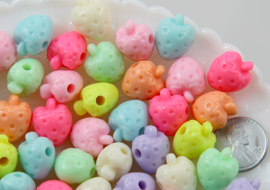 17mm Pastel Strawberry Acrylic Beads - Small Beautiful Bright Kawaii Strawberry Shape Resin Beads - 50 pc set