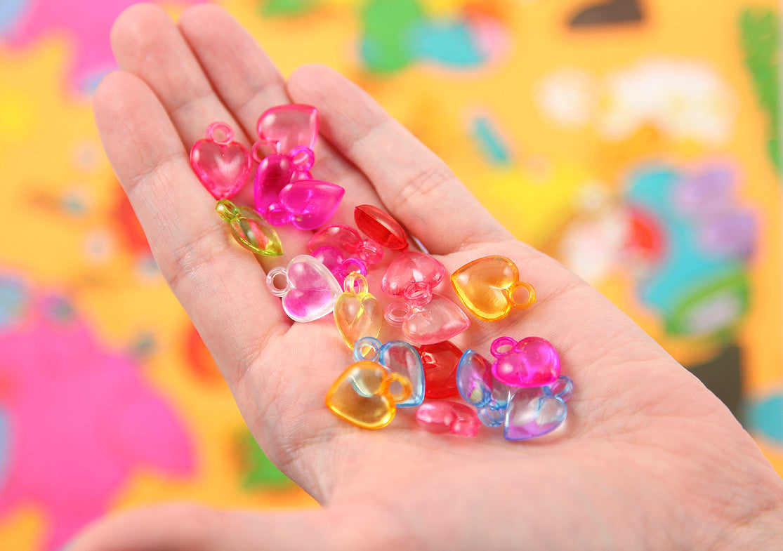 17mm Little Transparent Heart Acrylic or Plastic Dangly Hearts Charms or Pendants - 100 pc set