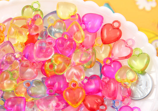 17mm Little Transparent Heart Acrylic or Plastic Dangly Hearts Charms or Pendants - 100 pc set