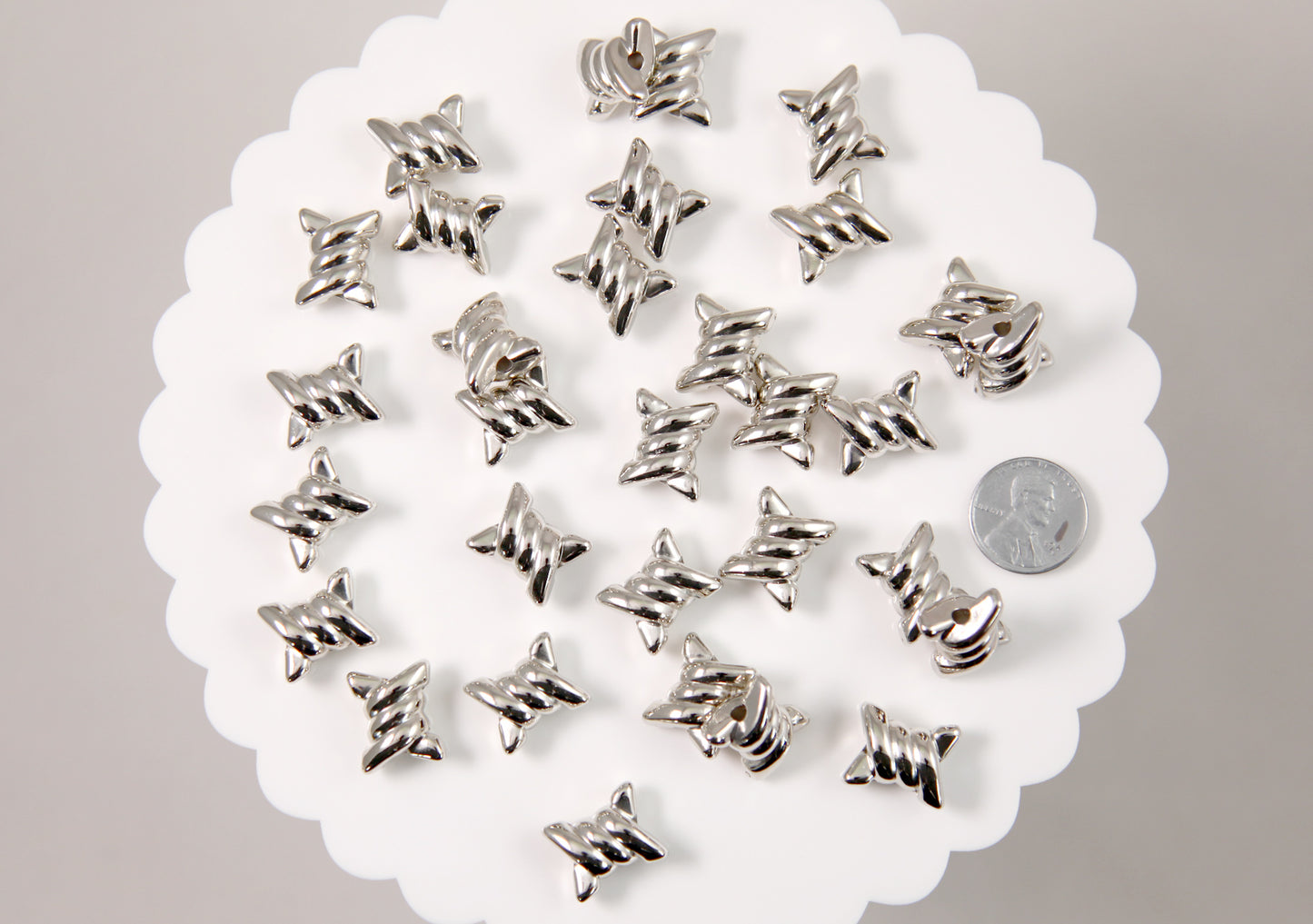 Barbed Wire Beads - 30 pc set - 17mm Barb Wire Bead - Electroplated Silver - Easily Connect to make a Necklace