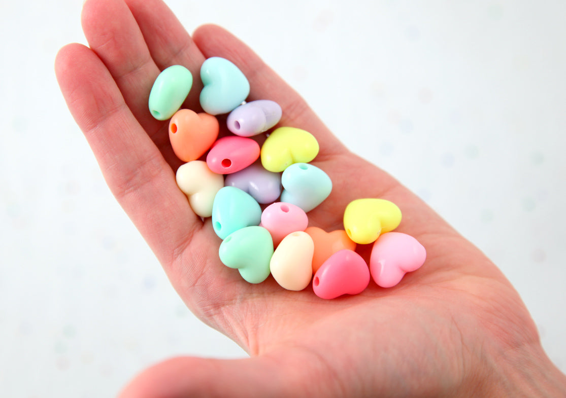 Pastel Heart Beads - 17mm Large Chunky 3D Convex Heart Beautiful Bright Pastel Puffy Hearts Acrylic or Resin Beads - 40 pcs set