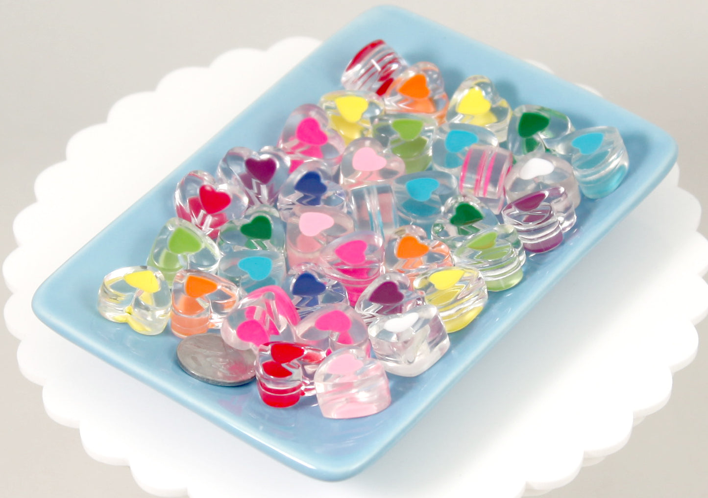 17mm Transparent Lovely Double Inner Heart Resin or Acrylic Beads - 20 pc set