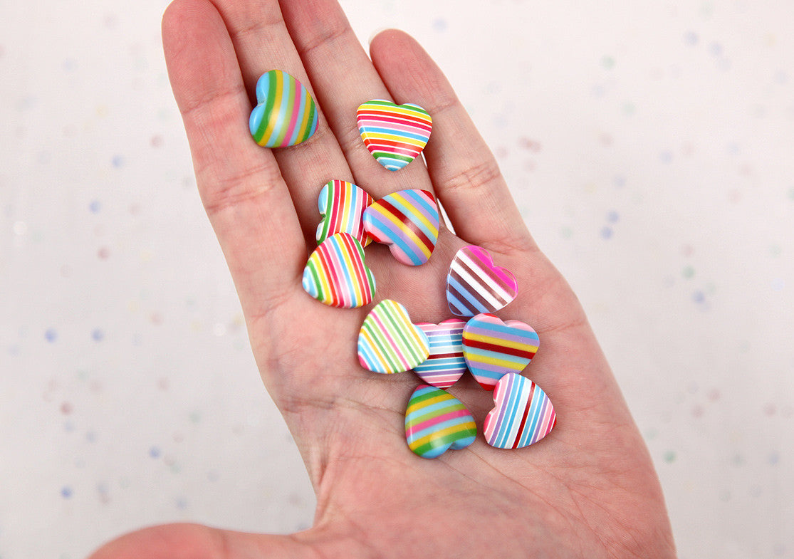 17mm Colorful Rainbow Striped Hearts Resin Flatback Cabochons - 12 pc set