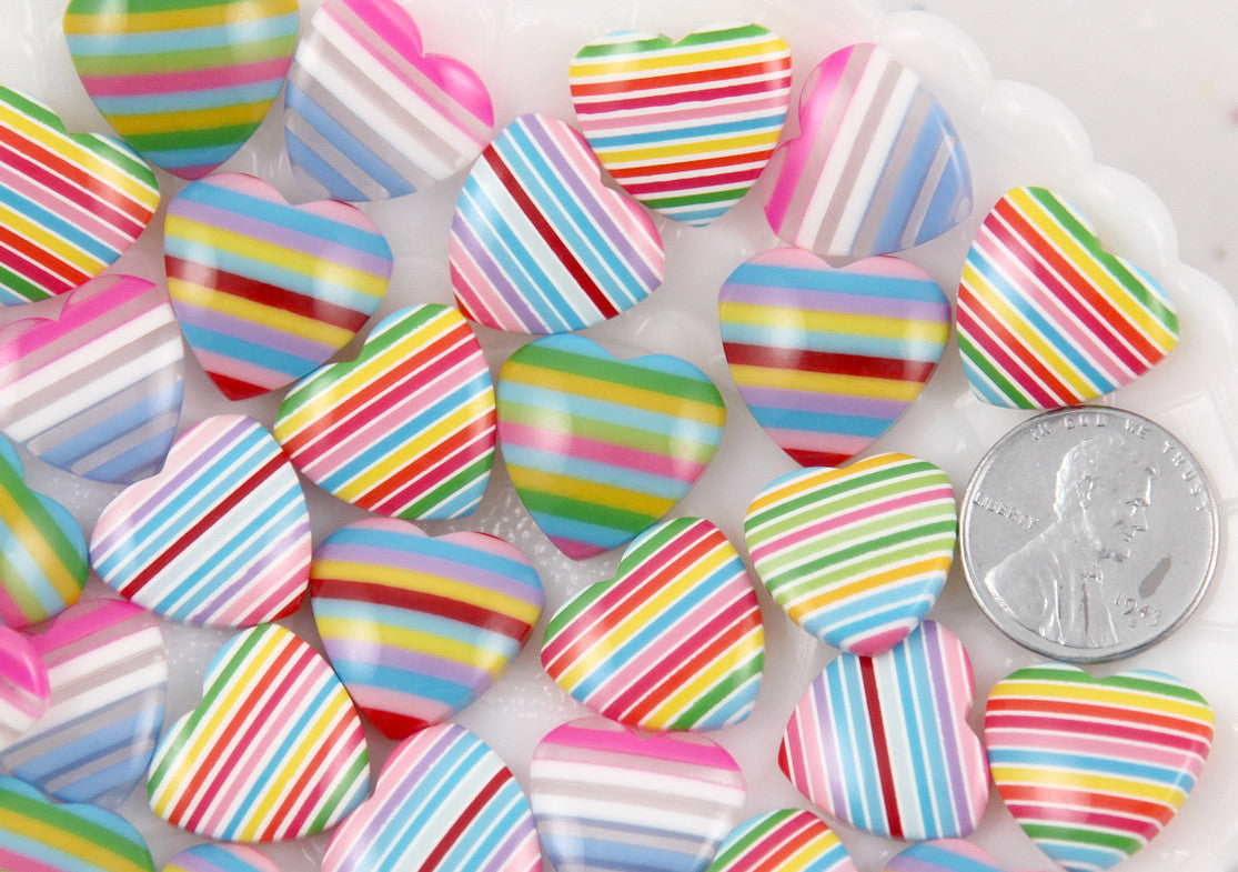17mm Colorful Rainbow Striped Hearts Resin Flatback Cabochons - 12 pc set