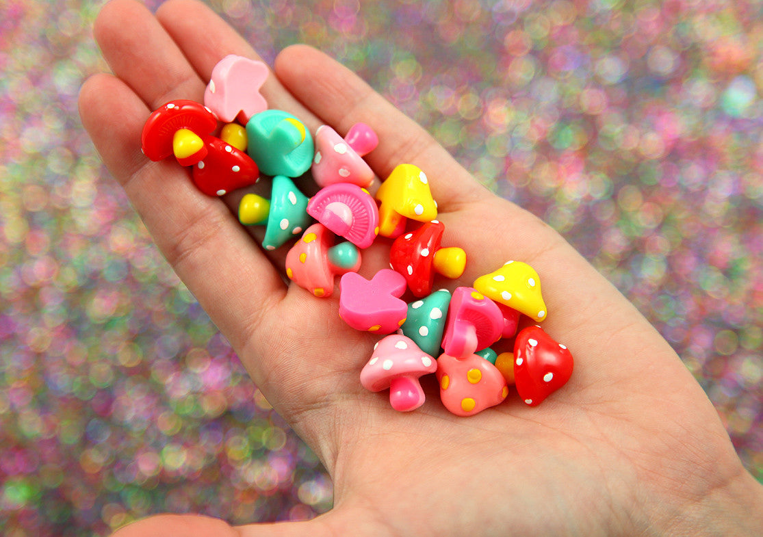 Mushroom Cabochons - 17mm Tiny 3D Super Cute Trippy Magic Mushrooms Flatback Resin Cabochons - 12 pcs set