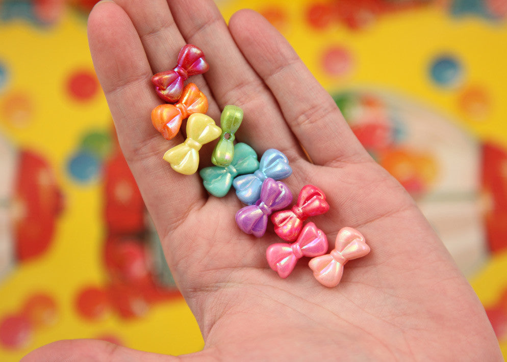 18mm AB Small Cute Bow or Ribbon Shape Iridescent Plastic Acrylic or Resin Beads - 100 pc set