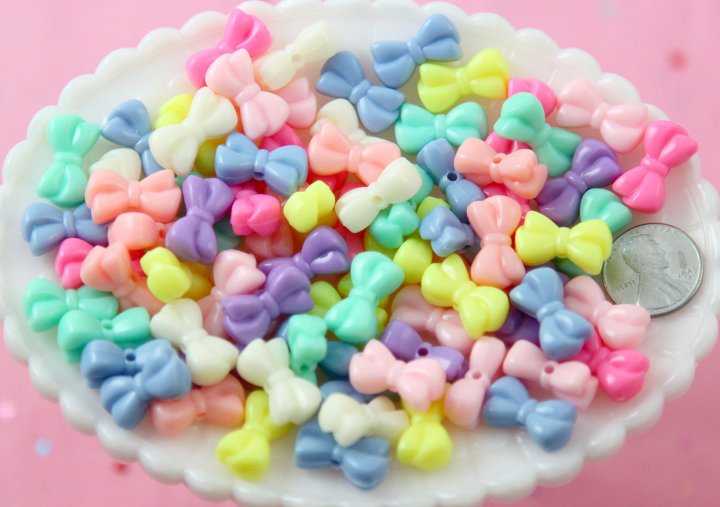 Pastel Beads - 18mm Beautiful Bright Small Cute Bow or Ribbon Shape Plastic Acrylic or Resin Beads - 80 pc set