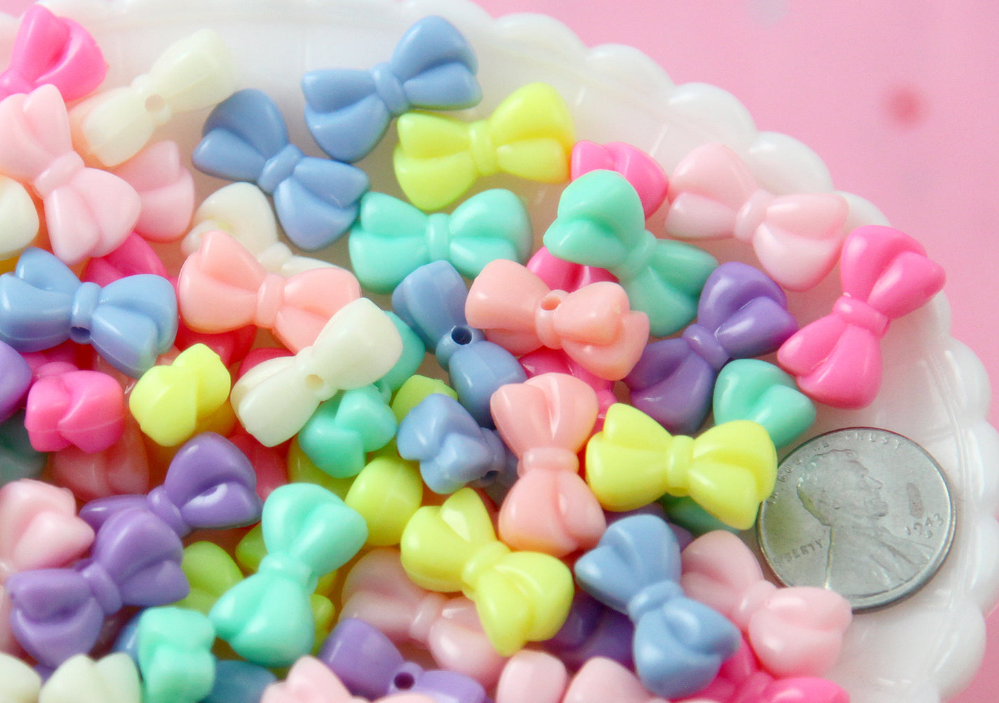 Pastel Beads - 18mm Beautiful Bright Small Cute Bow or Ribbon Shape Plastic Acrylic or Resin Beads - 80 pc set