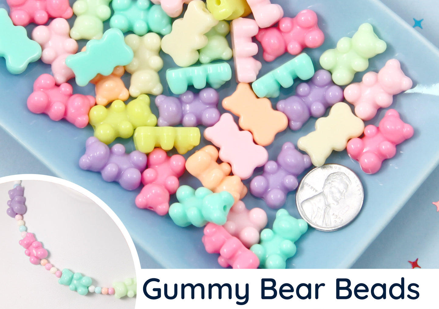 Pastel Gummy Bear Beads - 18mm Pastel Opaque Fake Gummy Bears with Hole for Stringing - Fake Candy Resin Beads - 30 pc set