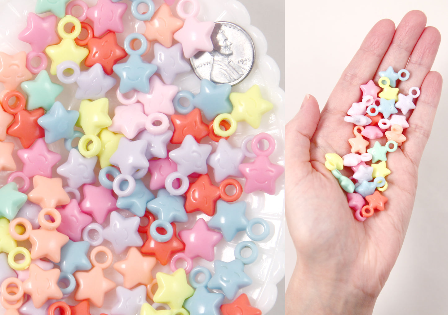 Pastel Star Charms - 18mm Tiny Pastel Star Charms with Faces Plastic or Acrylic Charms or Pendants - 70 pc set