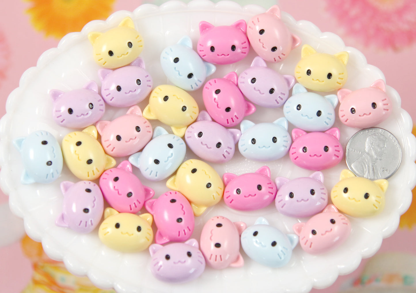 Pastel Cabochon - 18mm Cute Pastel Kitty Cat Flat Back Resin Cabochons - 10 pc set