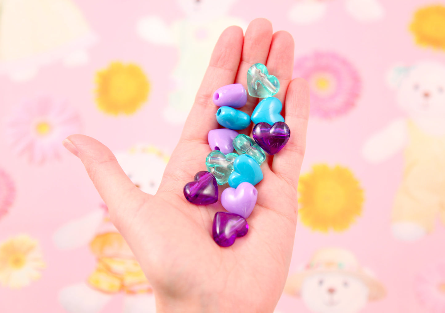 Plastic Heart Beads - 17mm Aqua Blue and Purple Mix Classic Puffy Heart Acrylic or Resin Beads - 24 pcs set