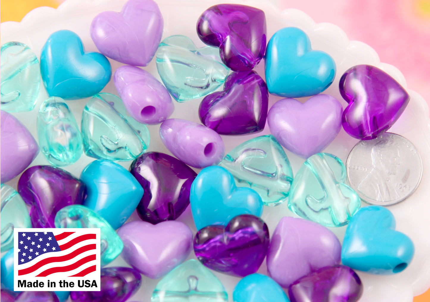 Plastic Heart Beads - 17mm Aqua Blue and Purple Mix Classic Puffy Heart Acrylic or Resin Beads - 24 pcs set