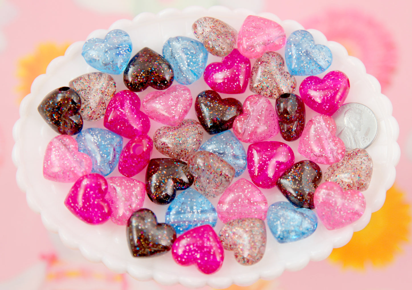 Glitter Heart Beads - 17mm Colorful Glitter Puffy Heart Acrylic or Resin Beads - 25 pcs set