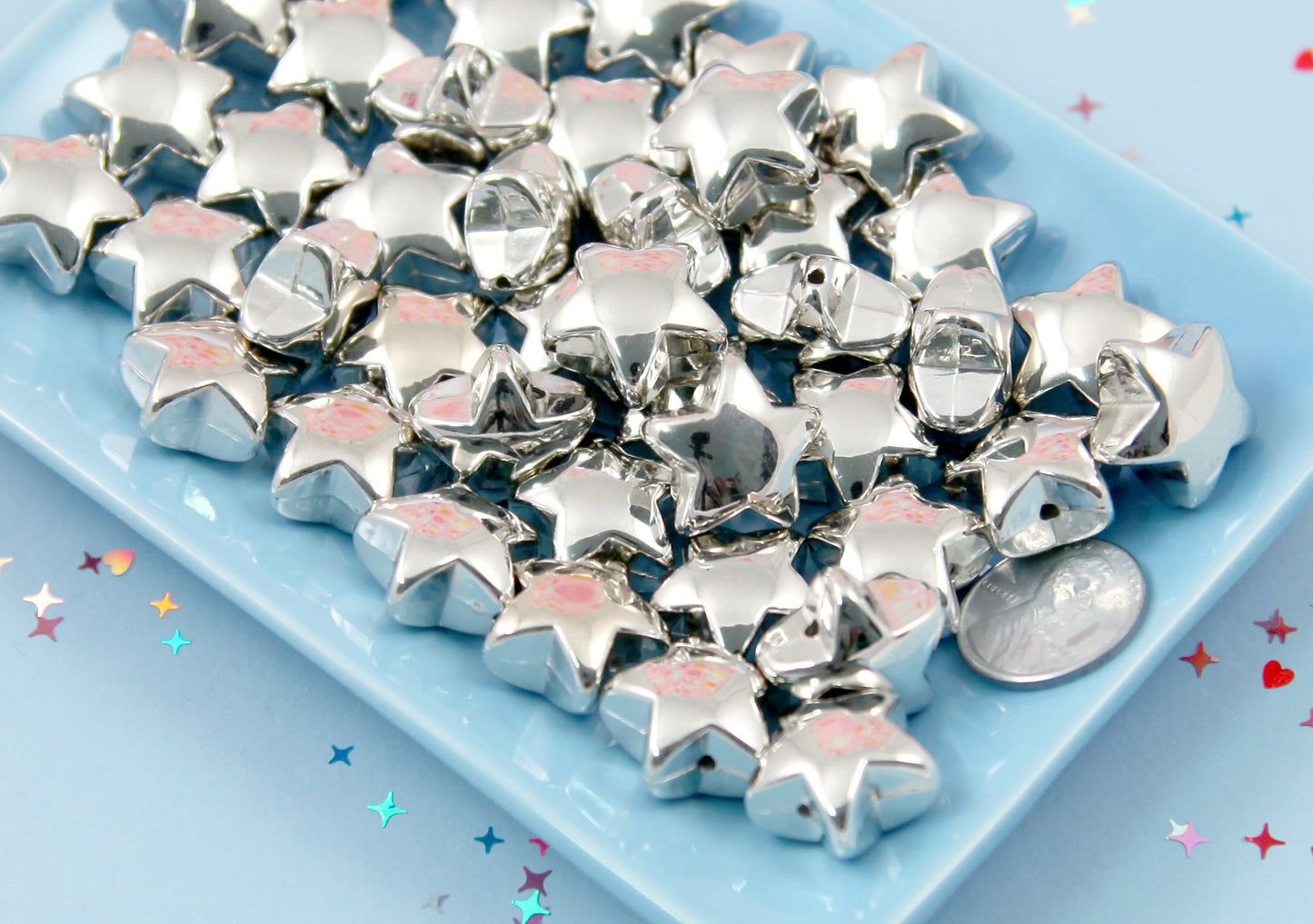 Silver Star Beads - 18 pcs - 17mm 3D Puffy Star Bead - Electroplated Silver - Easily make any kind of jewelry