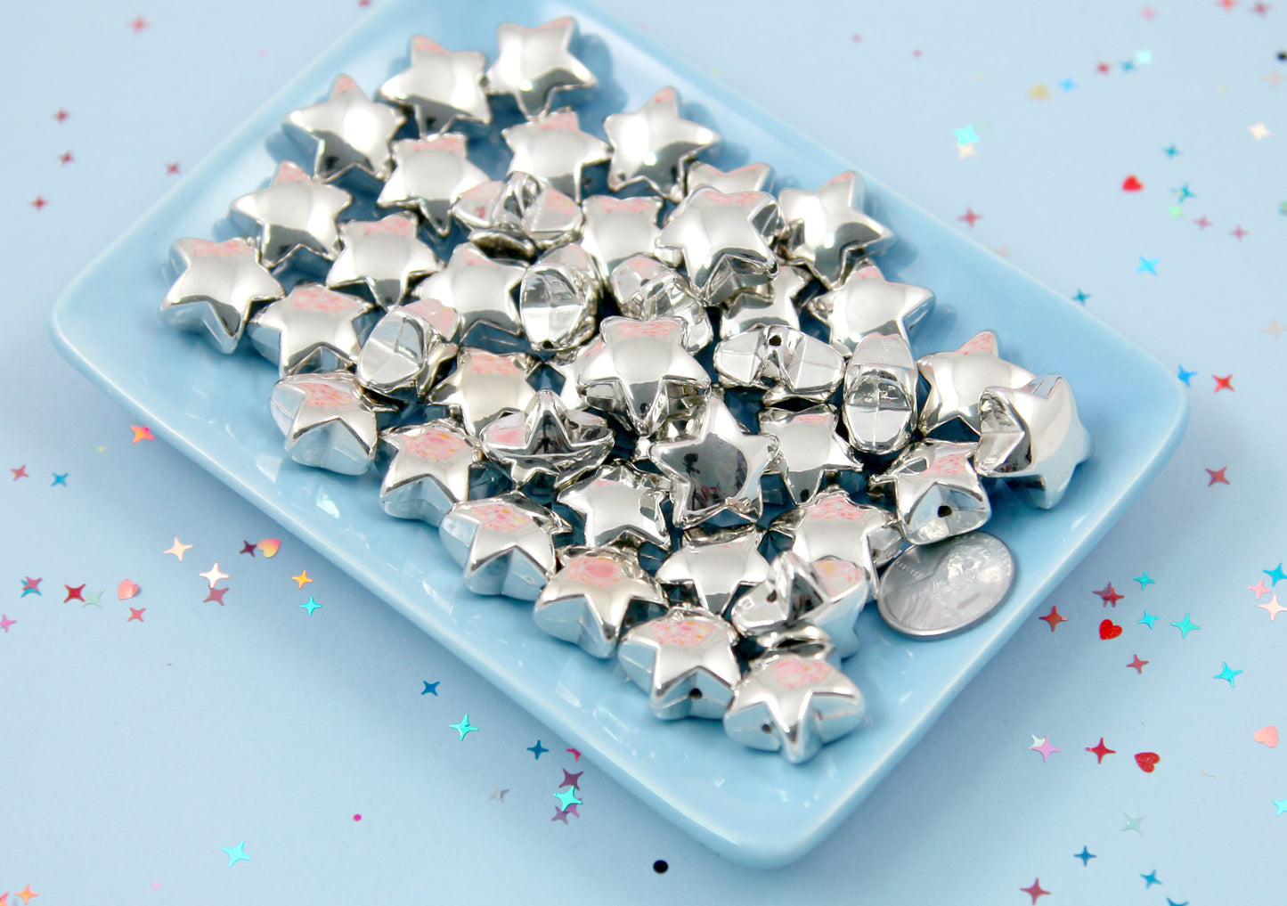 Silver Star Beads - 18 pcs - 17mm 3D Puffy Star Bead - Electroplated Silver - Easily make any kind of jewelry