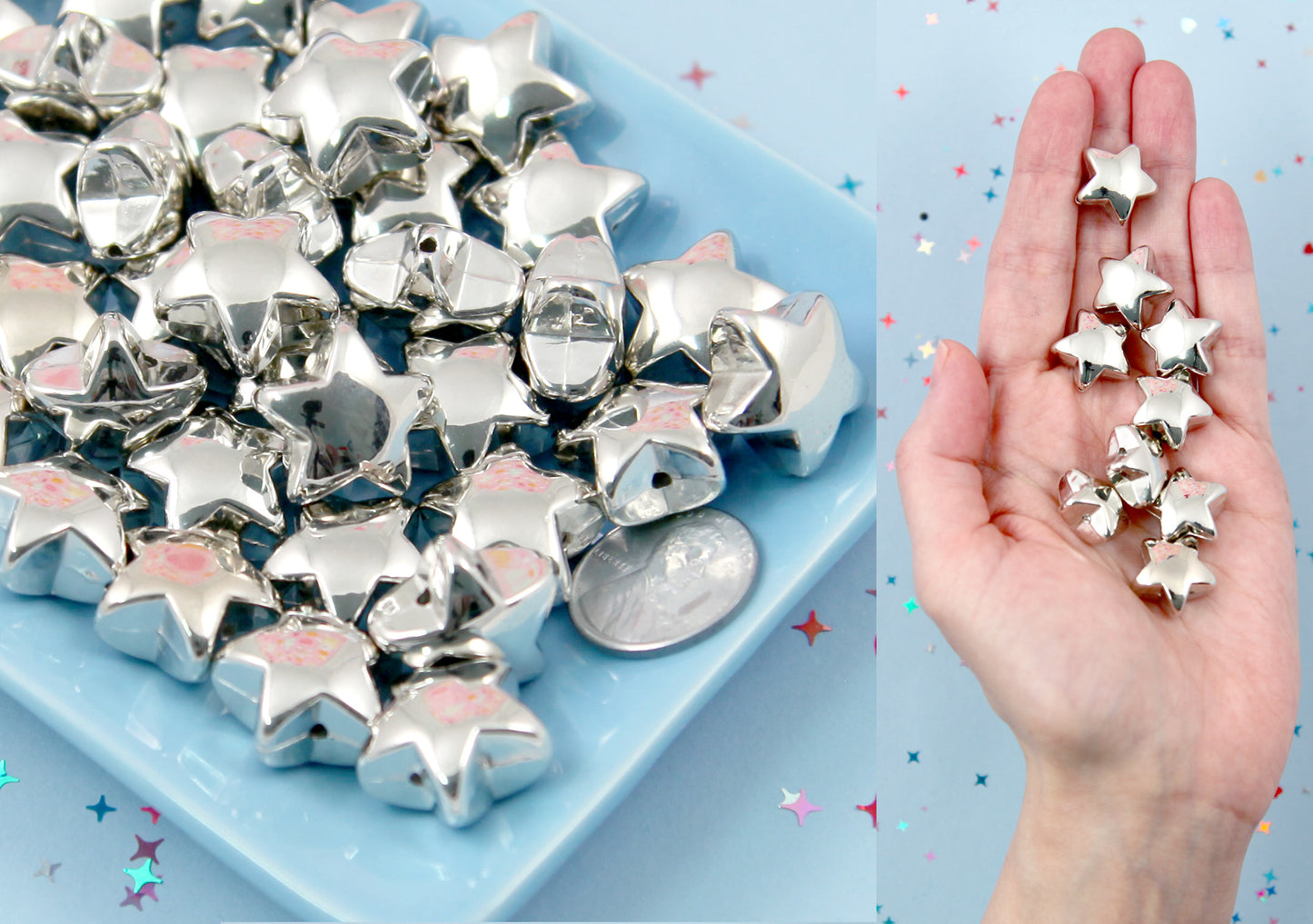 Silver Star Beads - 18 pcs - 17mm 3D Puffy Star Bead - Electroplated Silver - Easily make any kind of jewelry