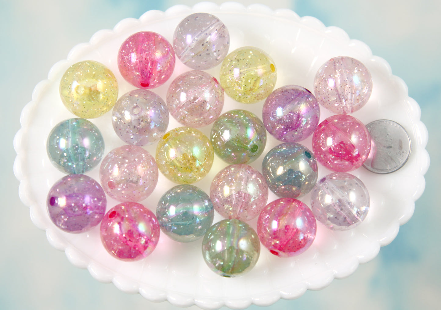 Pastel Beads - 19mm Big Pastel AB Transparent Glitter Acrylic or Plastic Beads - 28 pc set