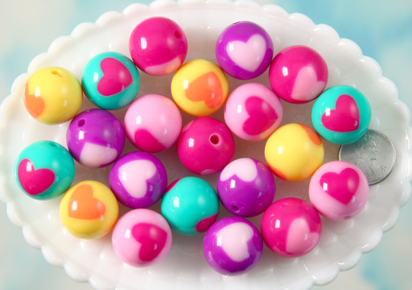 Heart Resin Beads - 20mm Cute Pink Inlaid Heart Pattern Gumball Bubblegum Resin or Acrylic Beads - 15 pcs set