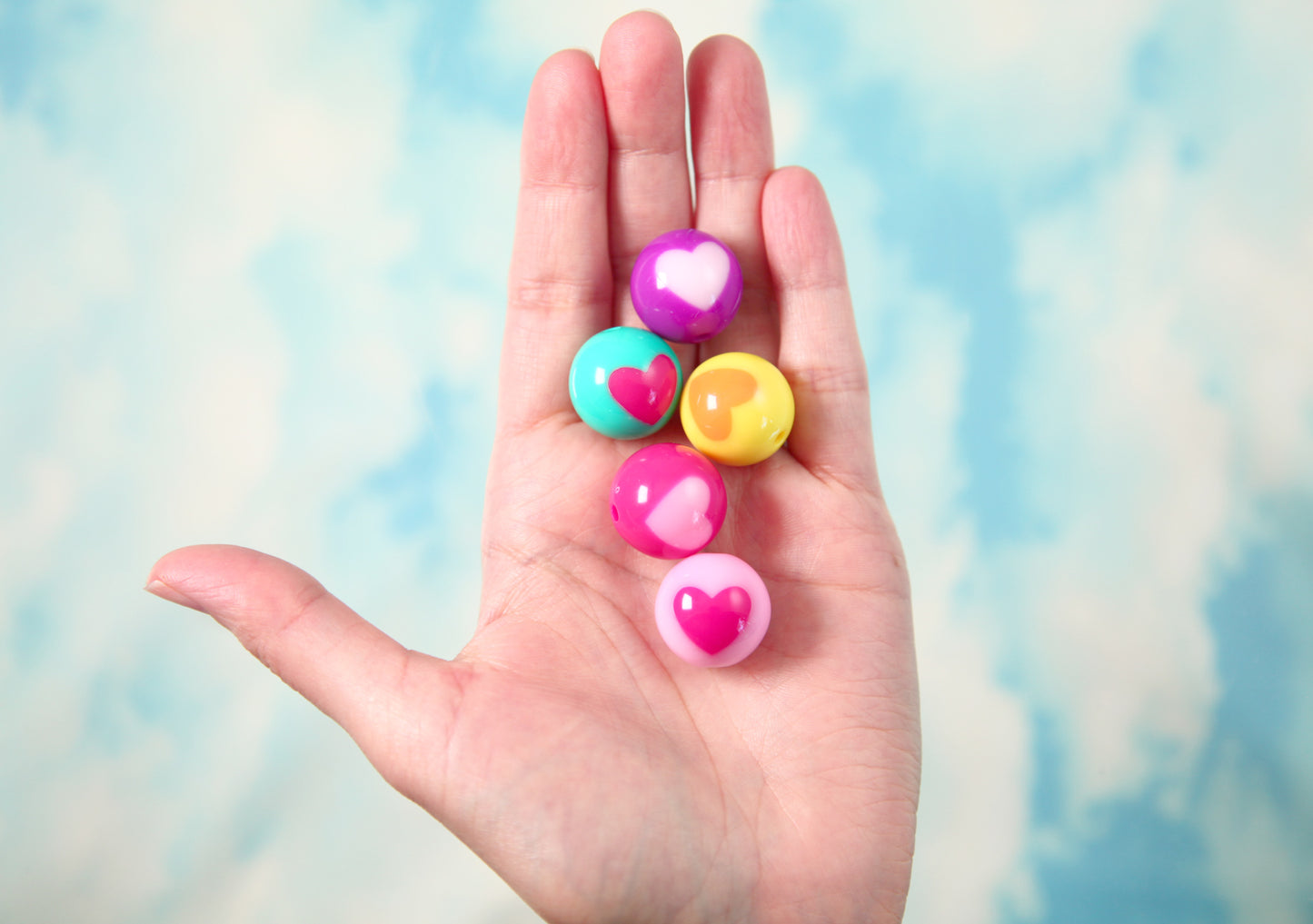 Heart Resin Beads - 20mm Cute Pink Inlaid Heart Pattern Gumball Bubblegum Resin or Acrylic Beads - 15 pcs set