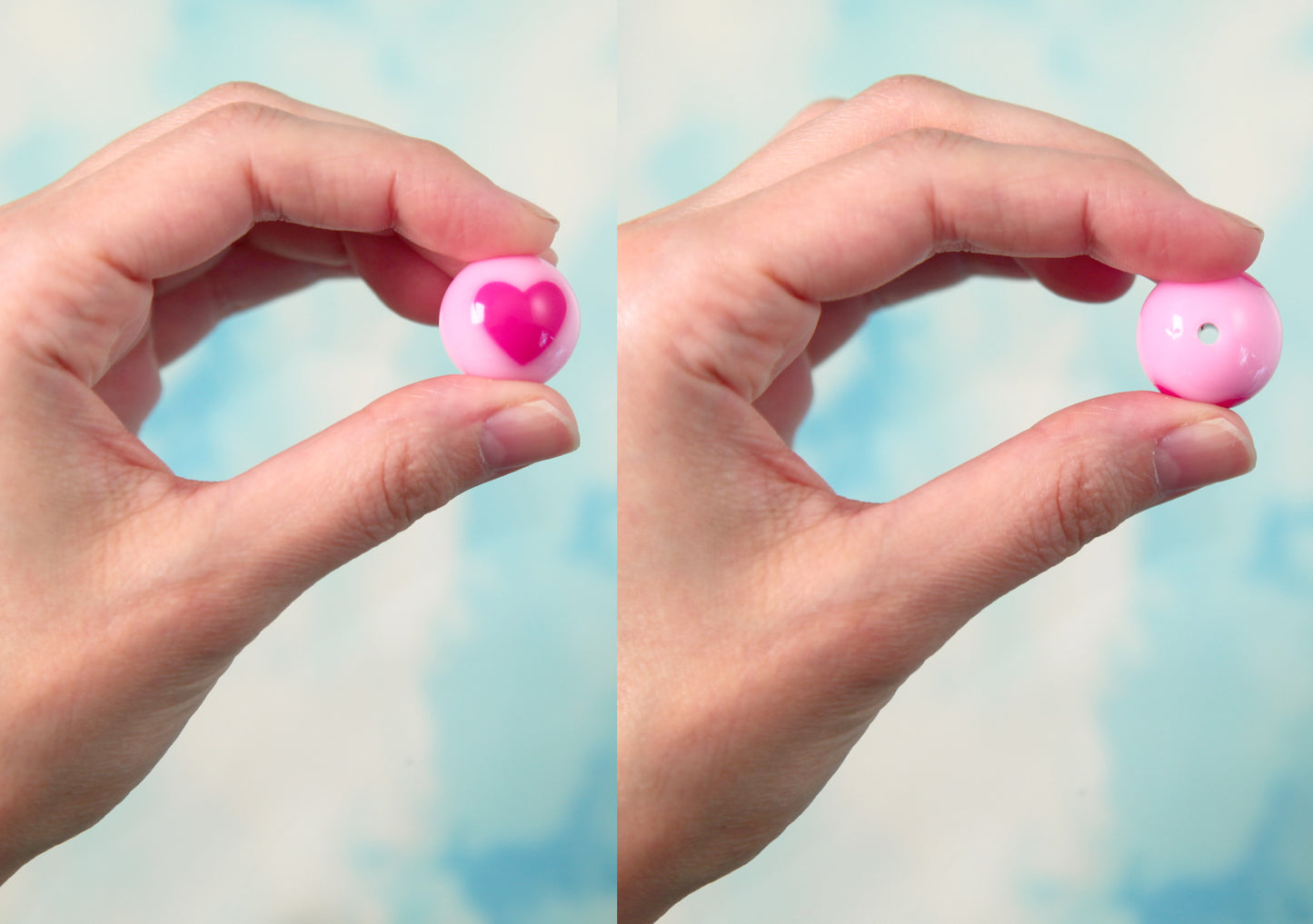 Heart Resin Beads - 20mm Cute Pink Inlaid Heart Pattern Gumball Bubblegum Resin or Acrylic Beads - 15 pcs set