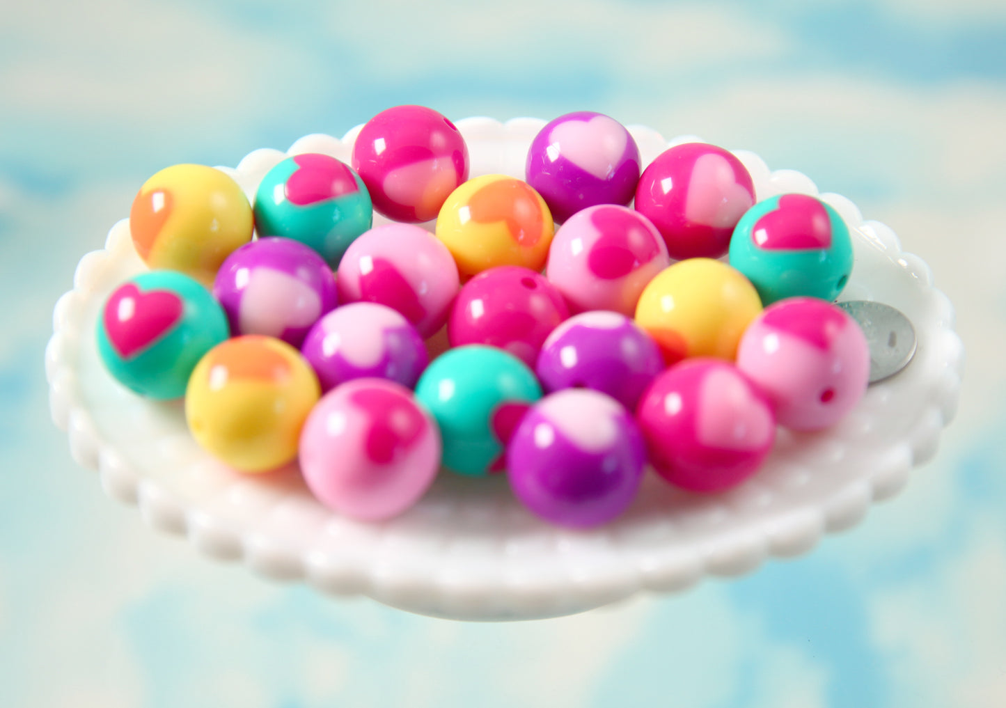 Heart Resin Beads - 20mm Cute Pink Inlaid Heart Pattern Gumball Bubblegum Resin or Acrylic Beads - 15 pcs set