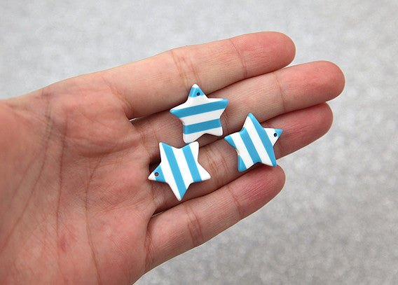 Striped Star Charms - 20mm Blue Striped Little Star Resin Charms - 8 pc set