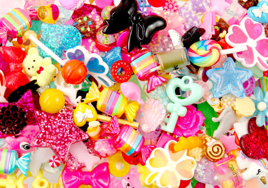 200 pcs Grab Bag Resin Cabochons - BIG Mixed Lot Plastic Charms and Flatbacks - ispy, sensory crafts, trinkets, jewelry making