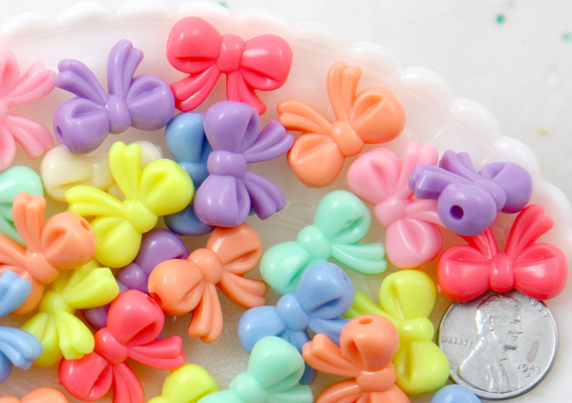 Pastel Beads - 20mm Small Pastel Bow or Ribbon Shape Acrylic or Resin Beads - 40 pc set