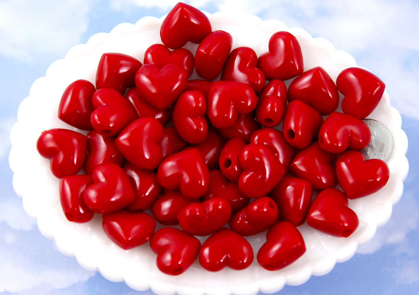 Plastic Heart Beads - 17mm Deep Red Puffy Heart Acrylic or Resin Beads - 24 pcs set