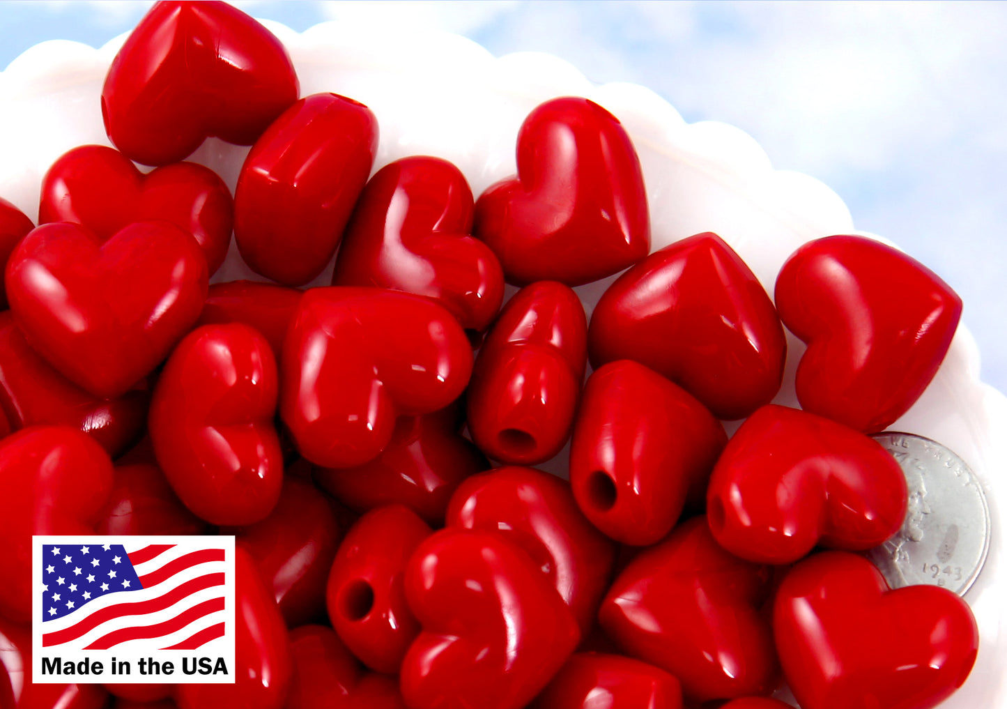 Plastic Heart Beads - 17mm Deep Red Puffy Heart Acrylic or Resin Beads - 24 pcs set