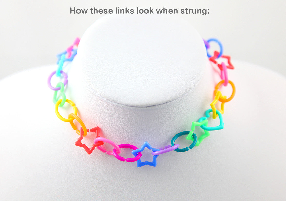 Plastic Chain Links - 20mm Opaque Bright Colorful Star Heart Shape Plastic Chain Links - 200 pc set