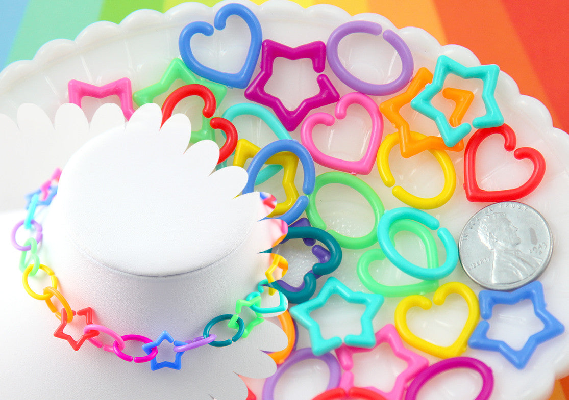 Plastic Chain Links - 20mm Opaque Bright Colorful Star Heart Shape Plastic Chain Links - 200 pc set