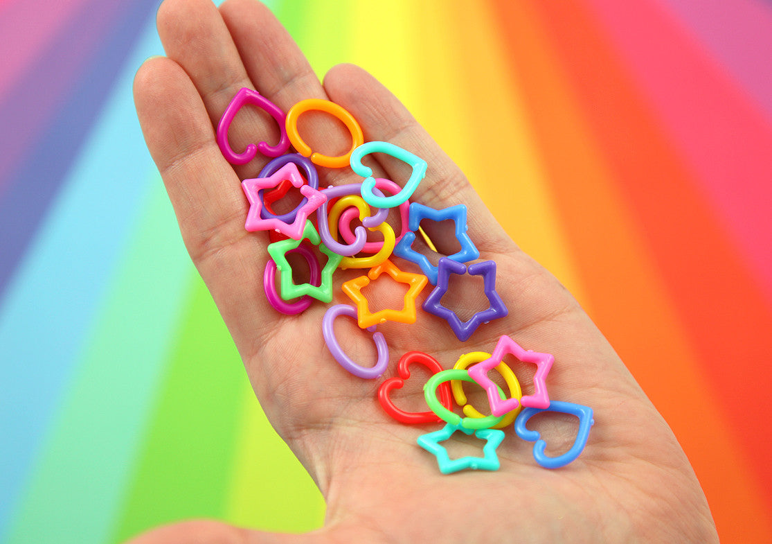 Plastic Chain Links - 20mm Opaque Bright Colorful Star Heart Shape Plastic Chain Links - 200 pc set