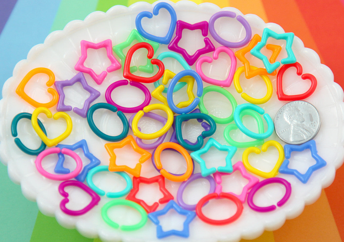 Plastic Chain Links - 20mm Opaque Bright Colorful Star Heart Shape Plastic Chain Links - 200 pc set