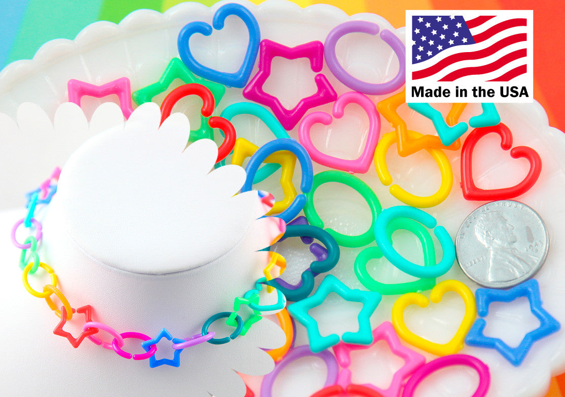 Plastic Chain Links - 20mm Opaque Bright Colorful Star Heart Shape Plastic Chain Links - 200 pc set