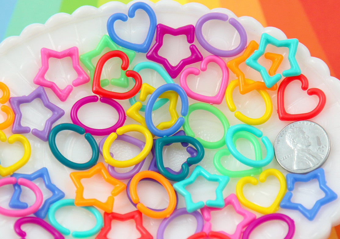 Plastic Chain Links - 20mm Opaque Bright Colorful Star Heart Shape Plastic Chain Links - 200 pc set