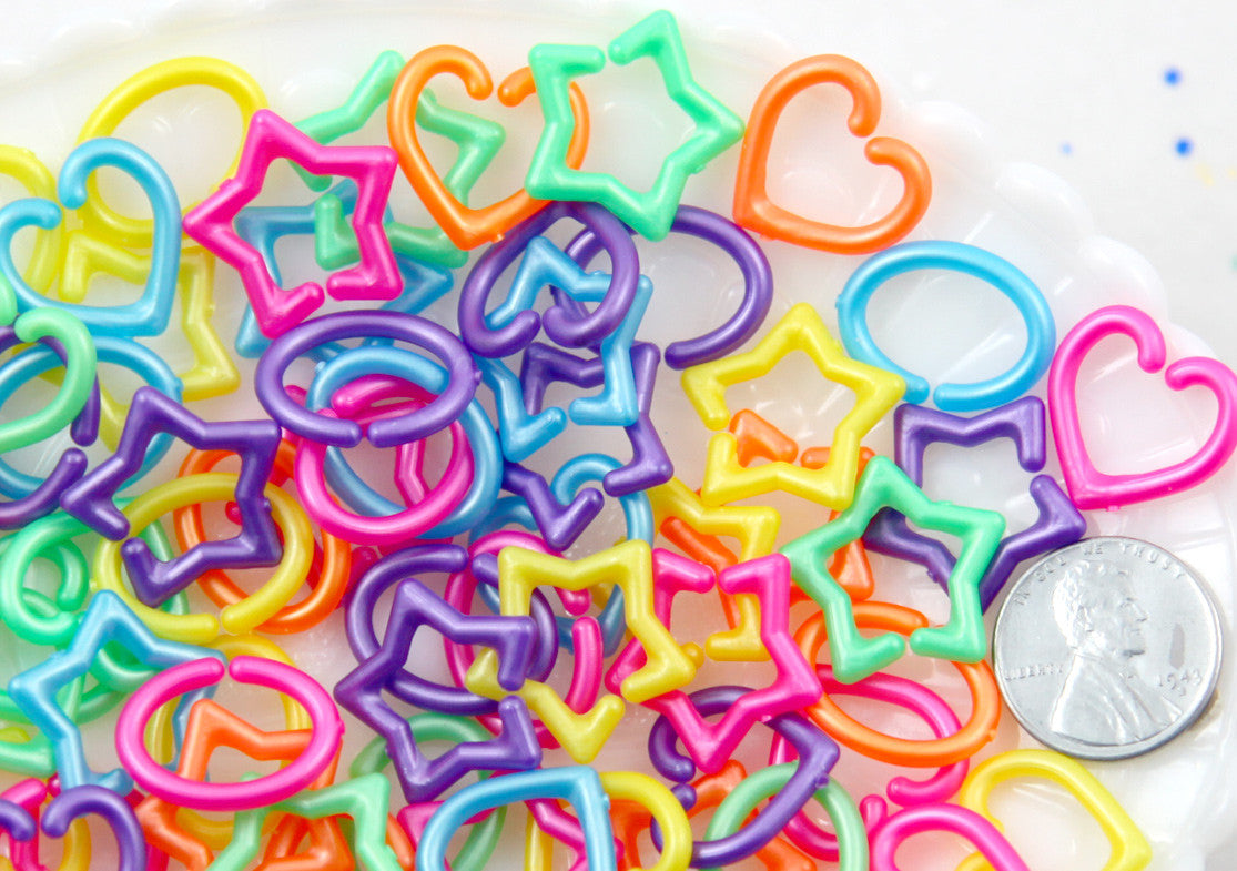 Cute Shapes Plastic Chain Links - 20mm Pearly Bright Colorful Star Heart and Oval Shape Plastic or Acrylic Chain Links - 200 pc set