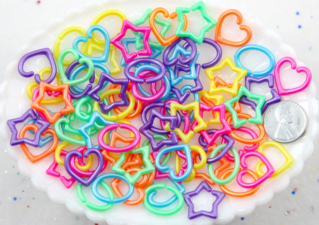 Cute Shapes Plastic Chain Links - 20mm Pearly Bright Colorful Star Heart and Oval Shape Plastic or Acrylic Chain Links - 200 pc set