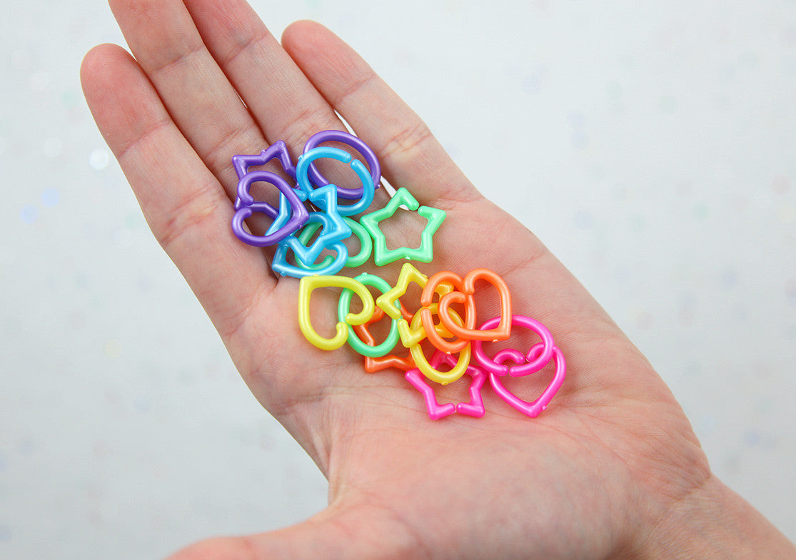 Cute Shapes Plastic Chain Links - 20mm Pearly Bright Colorful Star Heart and Oval Shape Plastic or Acrylic Chain Links - 200 pc set