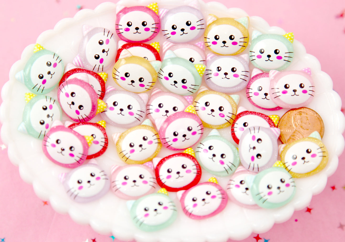 Kitty Cabochon - 20mm Colorful Kitty Cat Multi Color Flat Back Resin Cabochons - 12 pc set