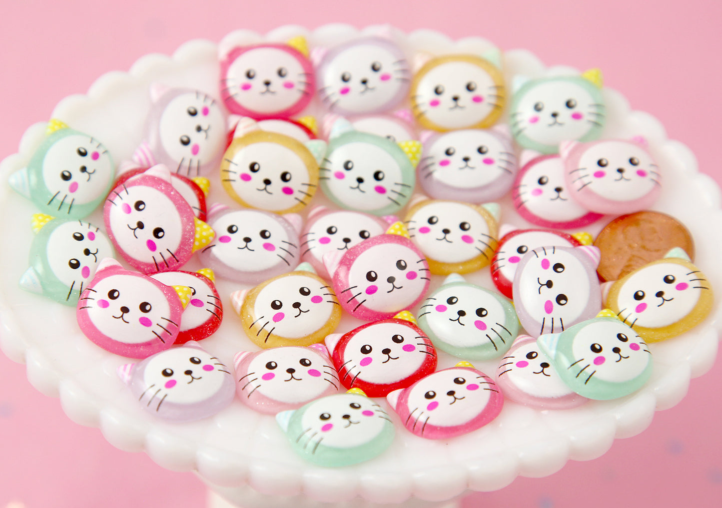 Kitty Cabochon - 20mm Colorful Kitty Cat Multi Color Flat Back Resin Cabochons - 12 pc set