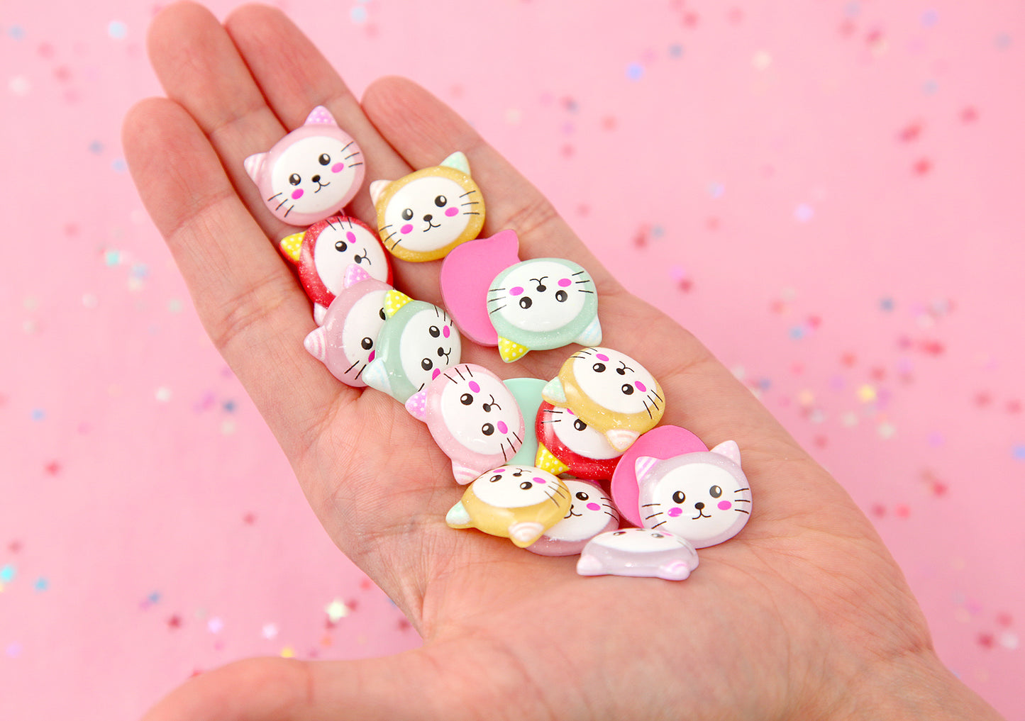 Kitty Cabochon - 20mm Colorful Kitty Cat Multi Color Flat Back Resin Cabochons - 12 pc set