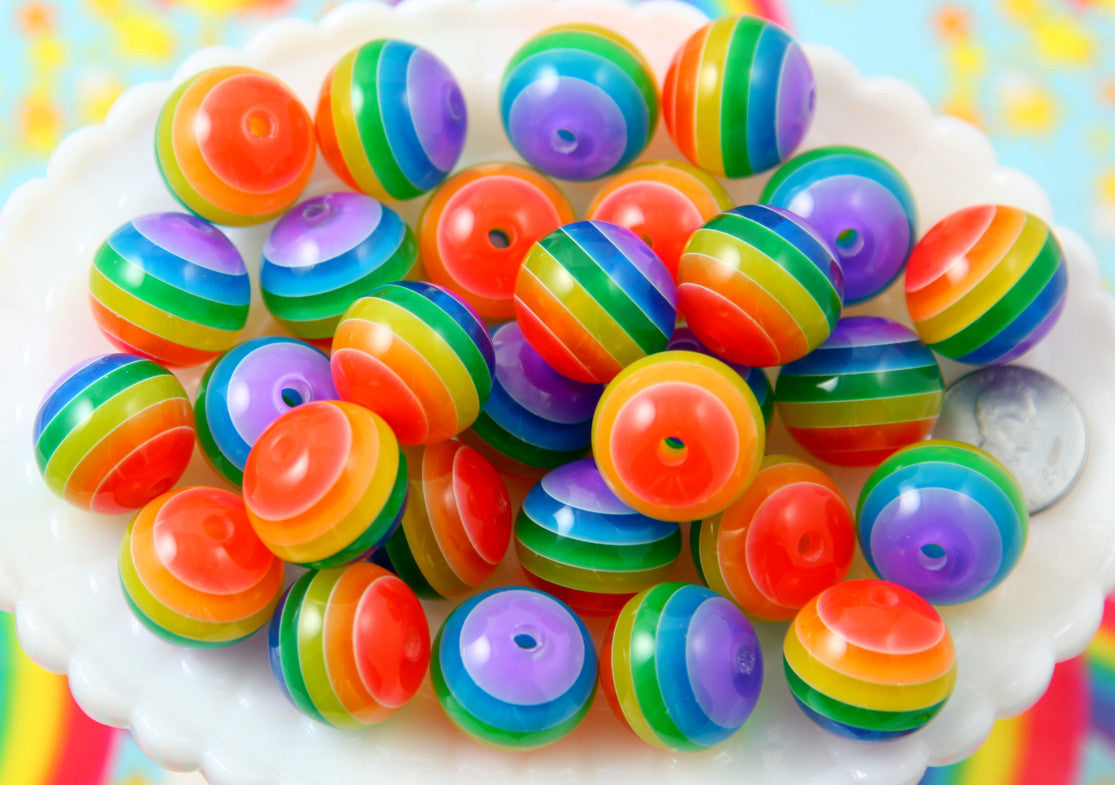 Rainbow Beads - 20mm Chunky Translucent Rainbow Striped Resin Beads 