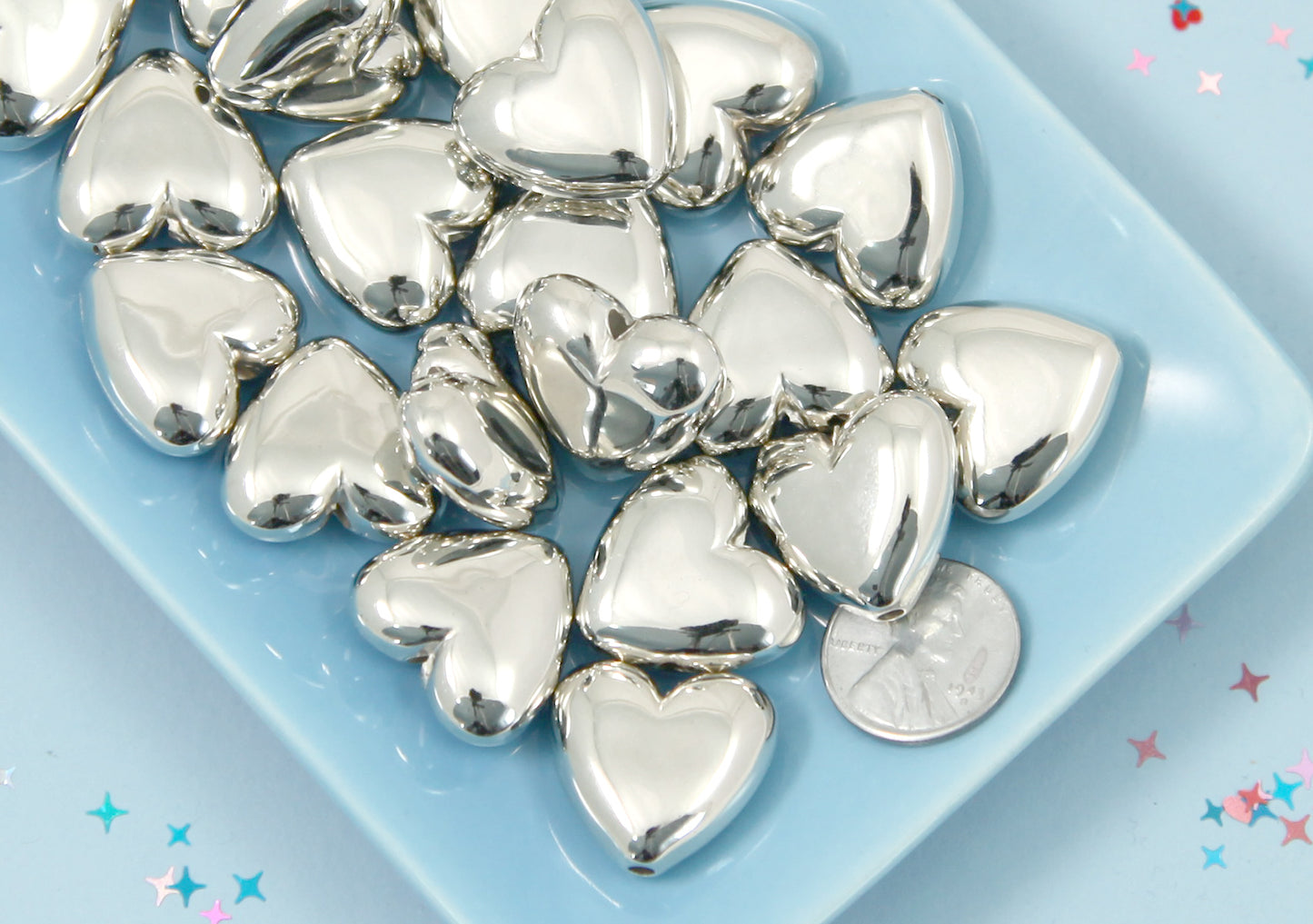 Big Silver Heart Beads - 22mm Electroplated Plastic Silver Heart Beads - Easy to Make into Jewelry - 12 pc set