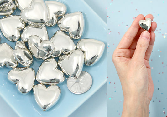 Big Silver Heart Beads - 22mm Electroplated Plastic Silver Heart Beads - Easy to Make into Jewelry - 12 pc set