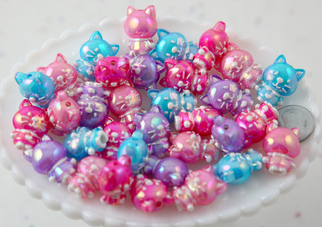 Cat Beads - 22mm Cute AB Cat Bead Colorful Chunky Acrylic or Plastic Beads - 8 pc set