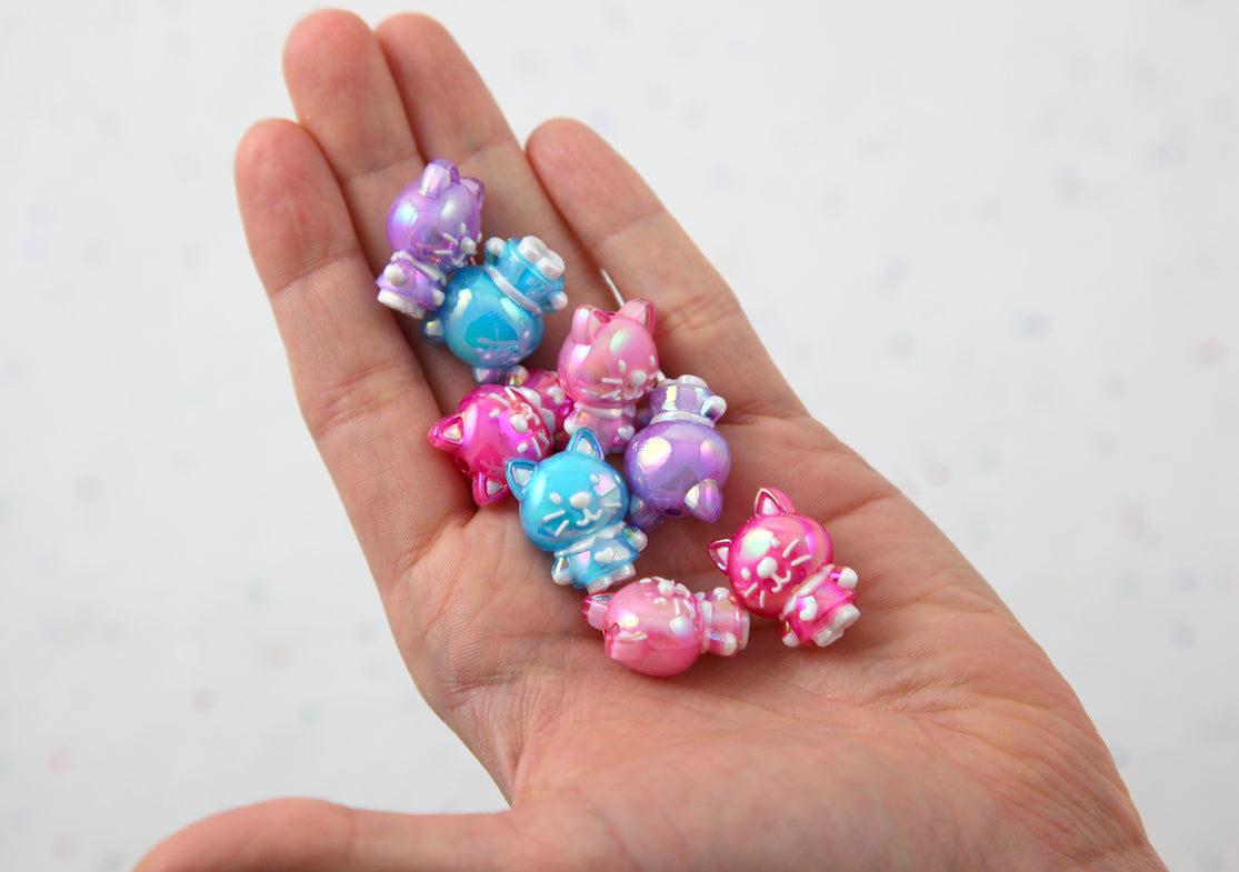 Cat Beads - 22mm Cute AB Cat Bead Colorful Chunky Acrylic or Plastic Beads - 8 pc set