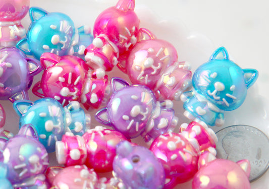 Cat Beads - 22mm Cute AB Cat Bead Colorful Chunky Acrylic or Plastic Beads - 8 pc set